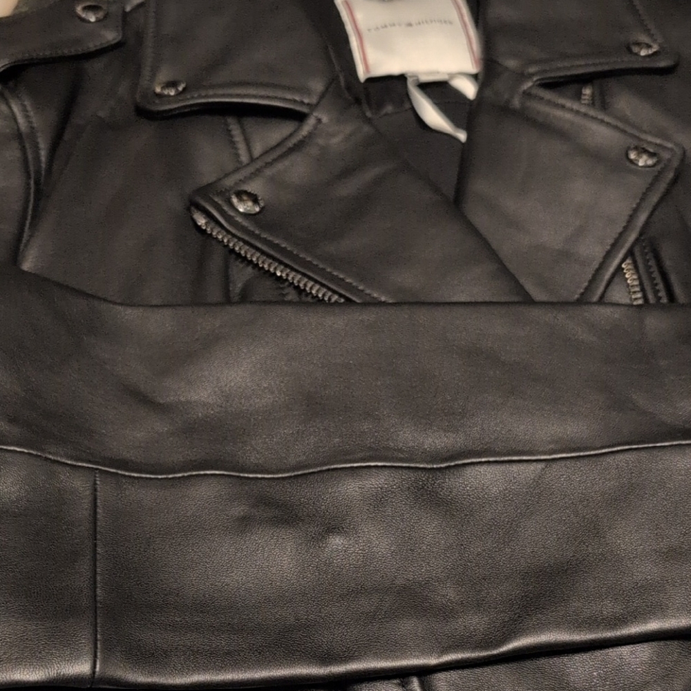 Nwt Tommy Hilfiger Black Leather Biker Jacket India Dress Club 46 US 14 - Picture 14 of 16